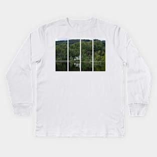 Wonderful landscapes in Norway. Vest-Agder. Beautiful scenery of whtite Gyland church reflecting in the lake. Mountains, road and trees in the background Kids Long Sleeve T-Shirt